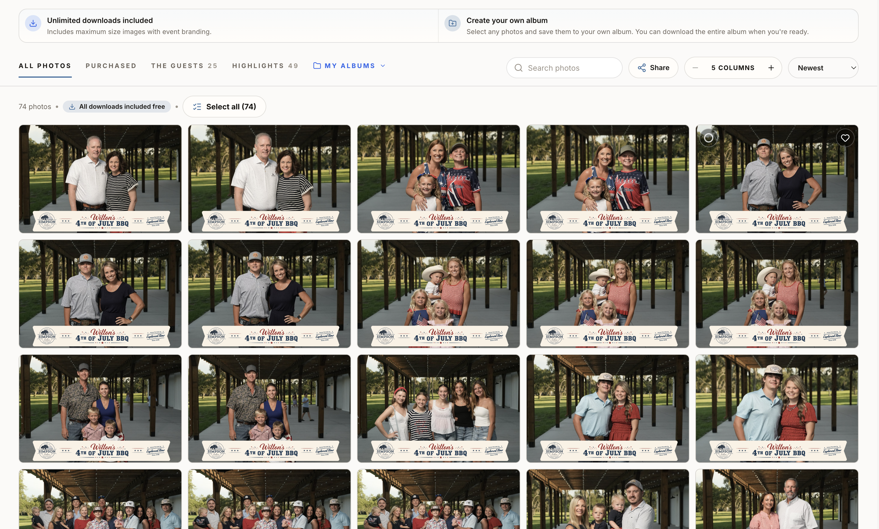 Client delivery gallery with favorites and cart