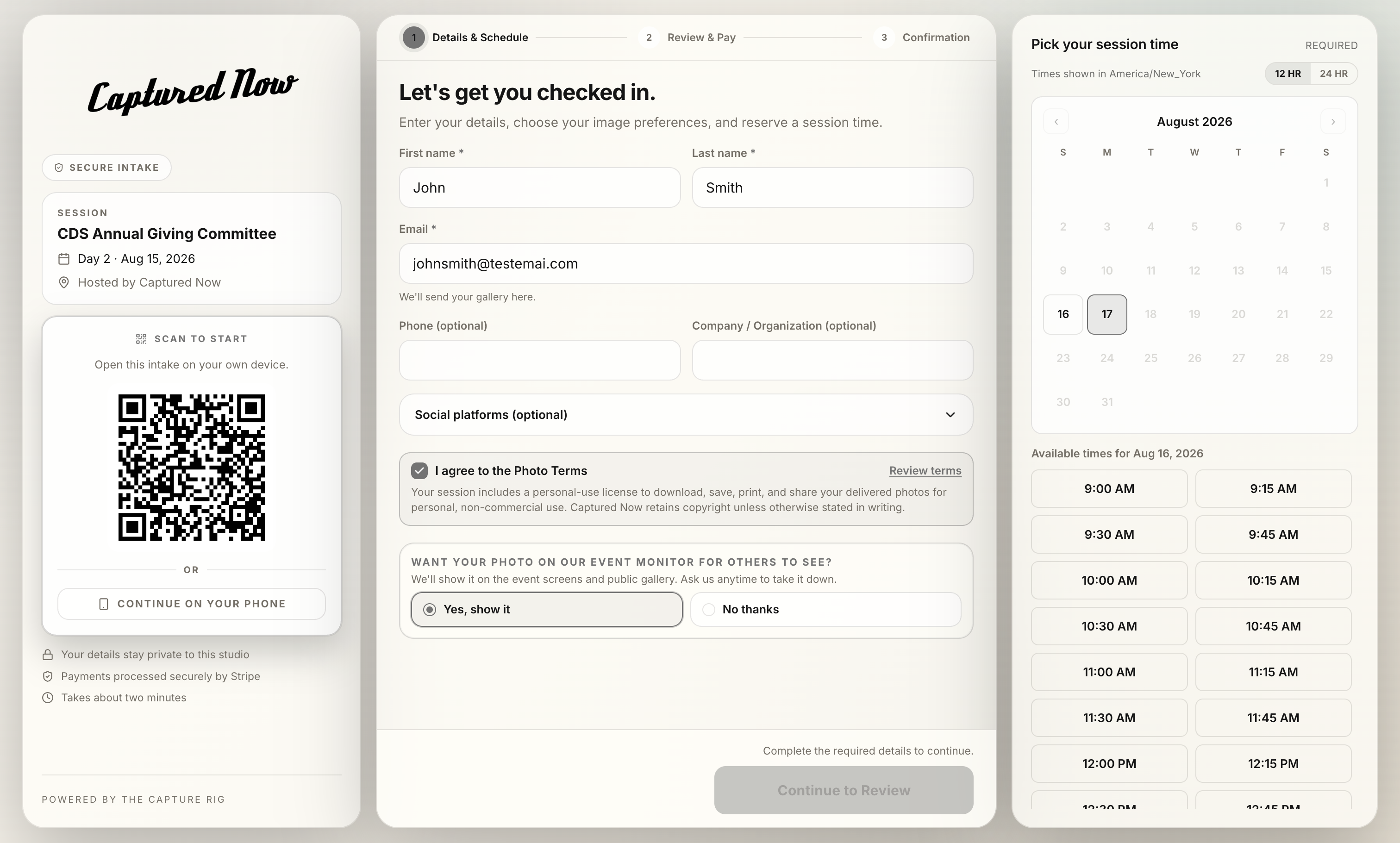 Booking page builder with intake sections and deposits