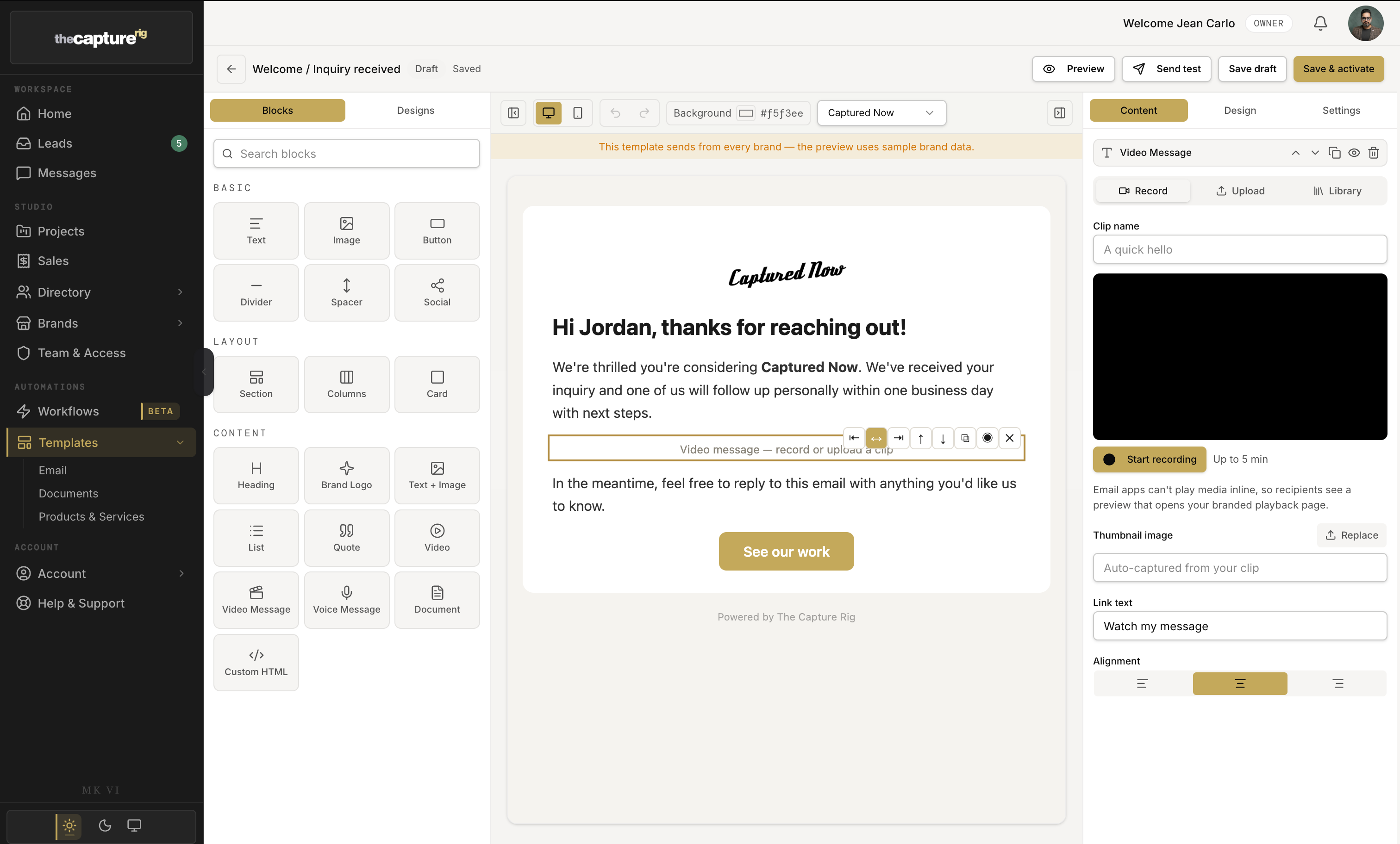 Branded emails in The Capture Rig