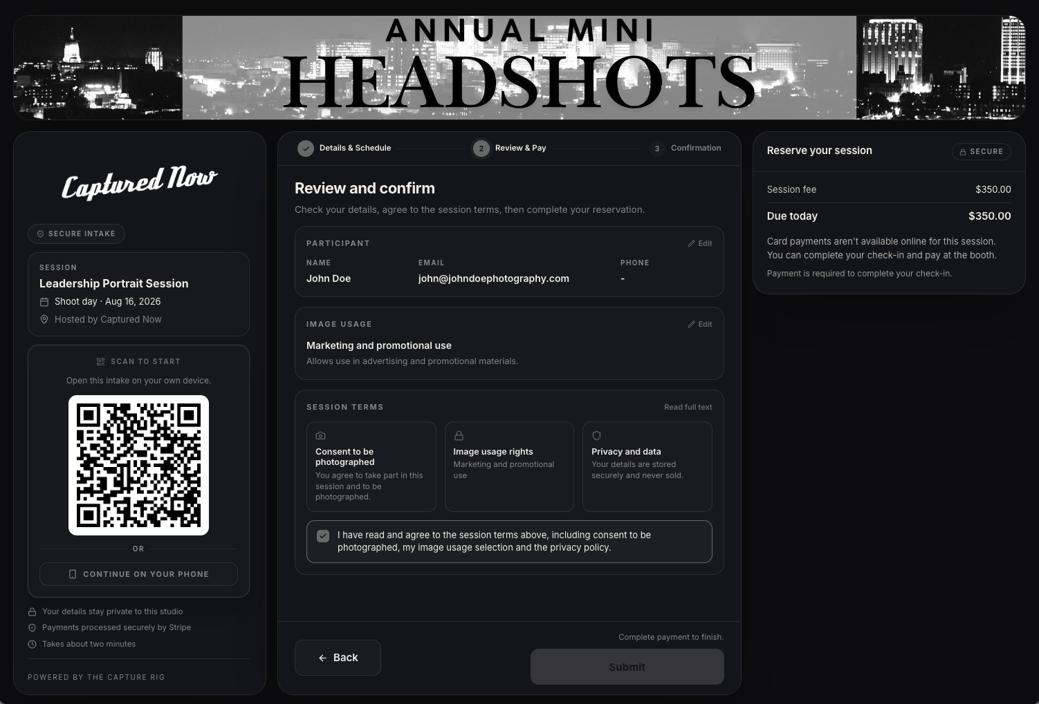 Portrait booking and intake page