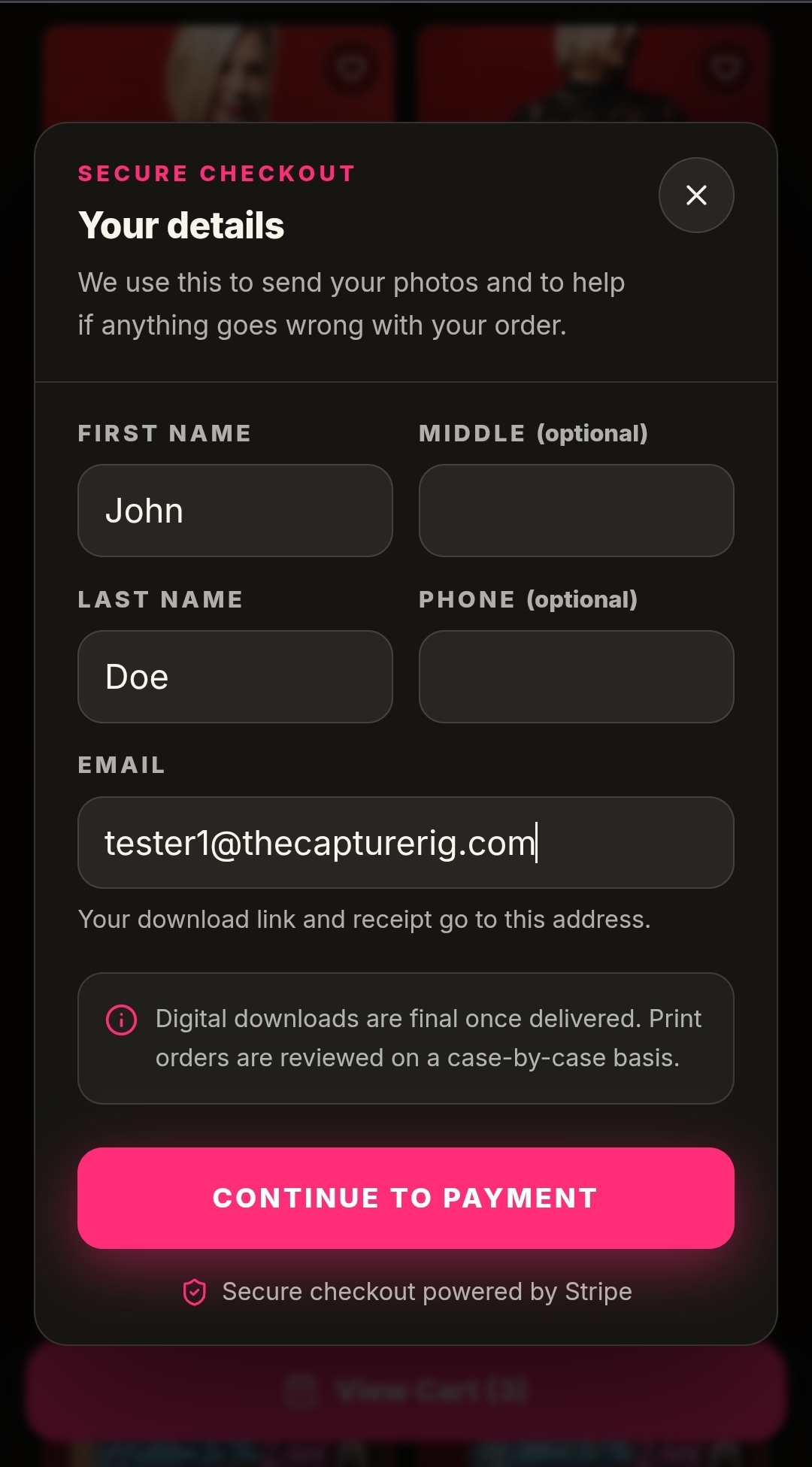 Order and payment screen