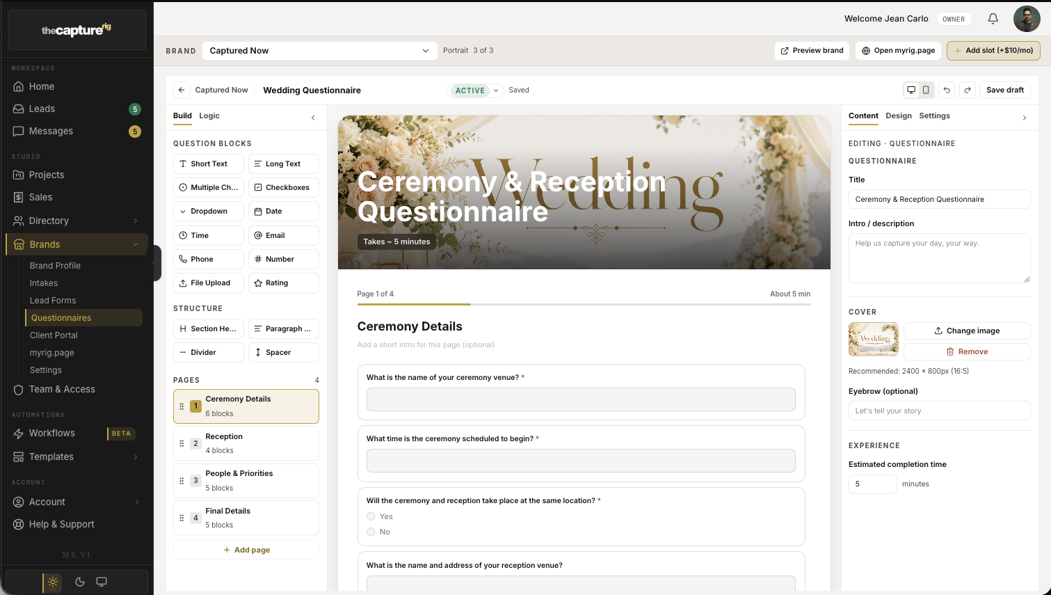 Questionnaires in The Capture Rig