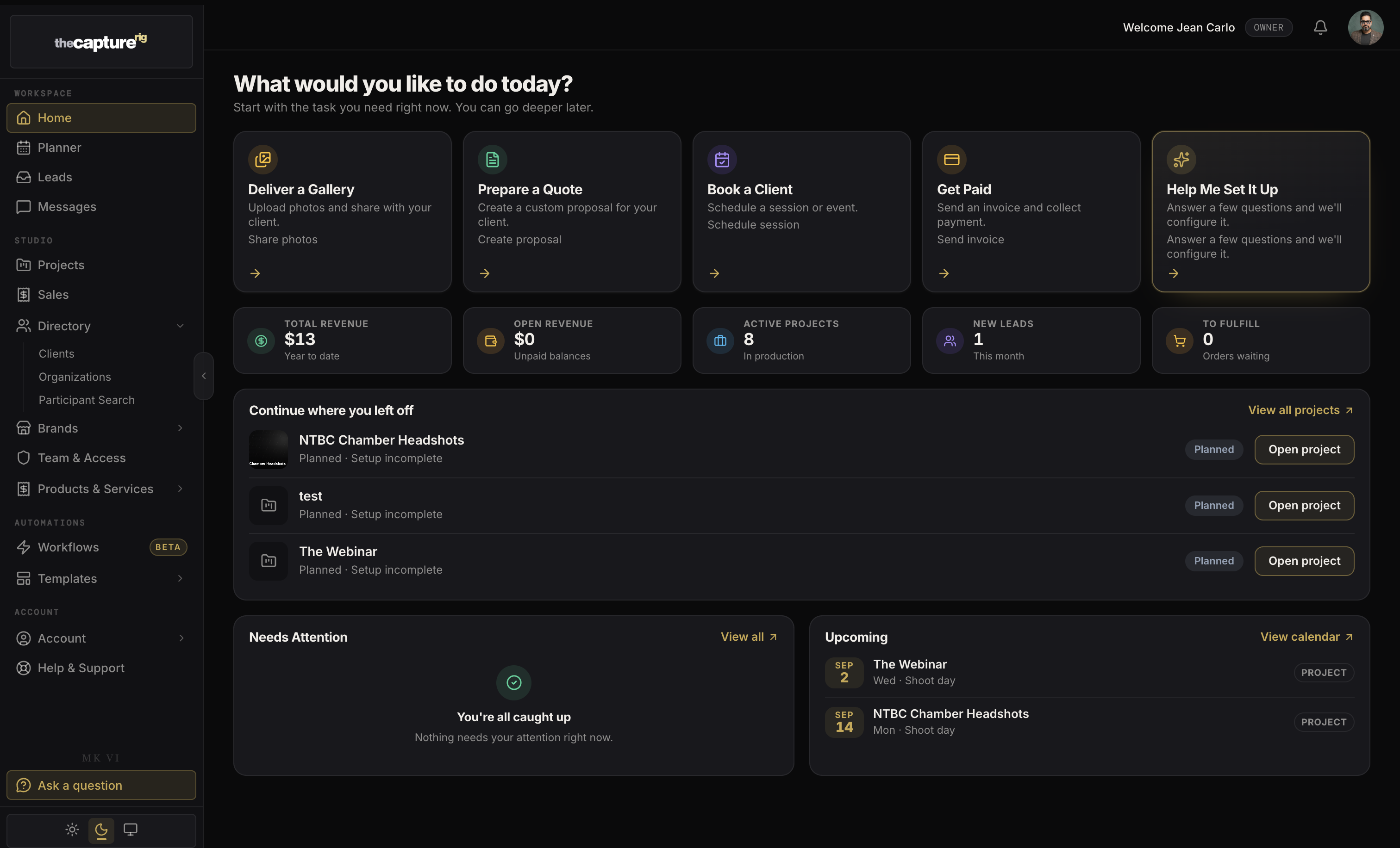 The Capture Rig studio dashboard