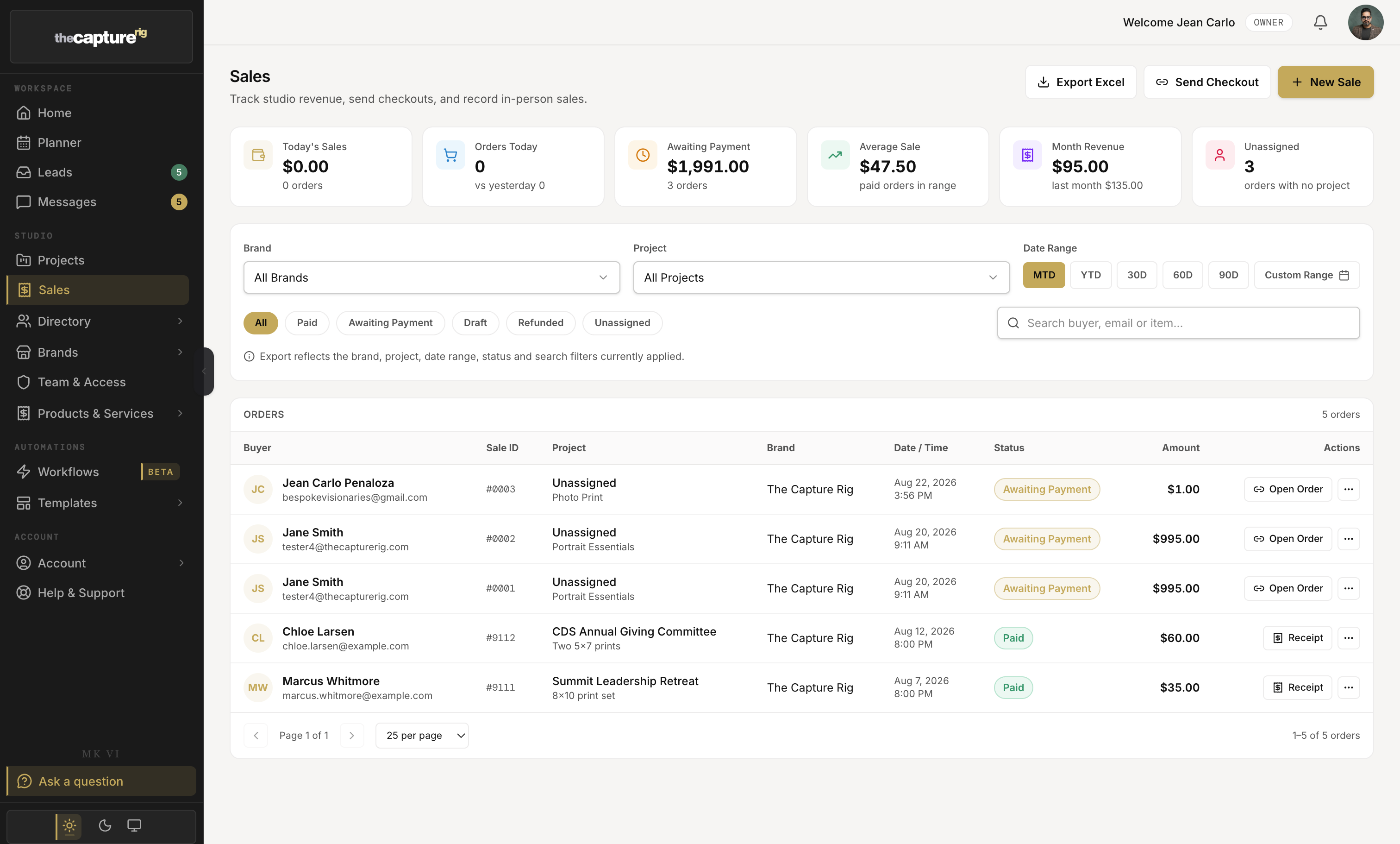 Studio business dashboard